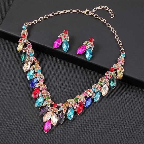 Crystal Floral Statement Necklace Earring Rhinestone Bib Collar Chunky Necklace - Picture 6 of 7